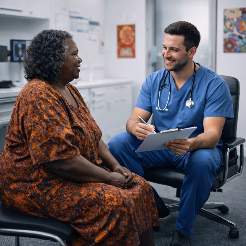 A doctor in blue scrubs smiles warmly while holding a clipboard, engaging in conversation with an elderly woman in a patterned dress in a clinic.