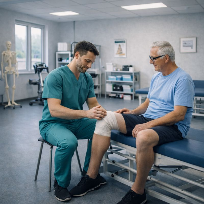 Physical therapist in teal scrubs examines a smiling older man's bandaged knee in a clinic. The setting is calm, with medical equipment visible.