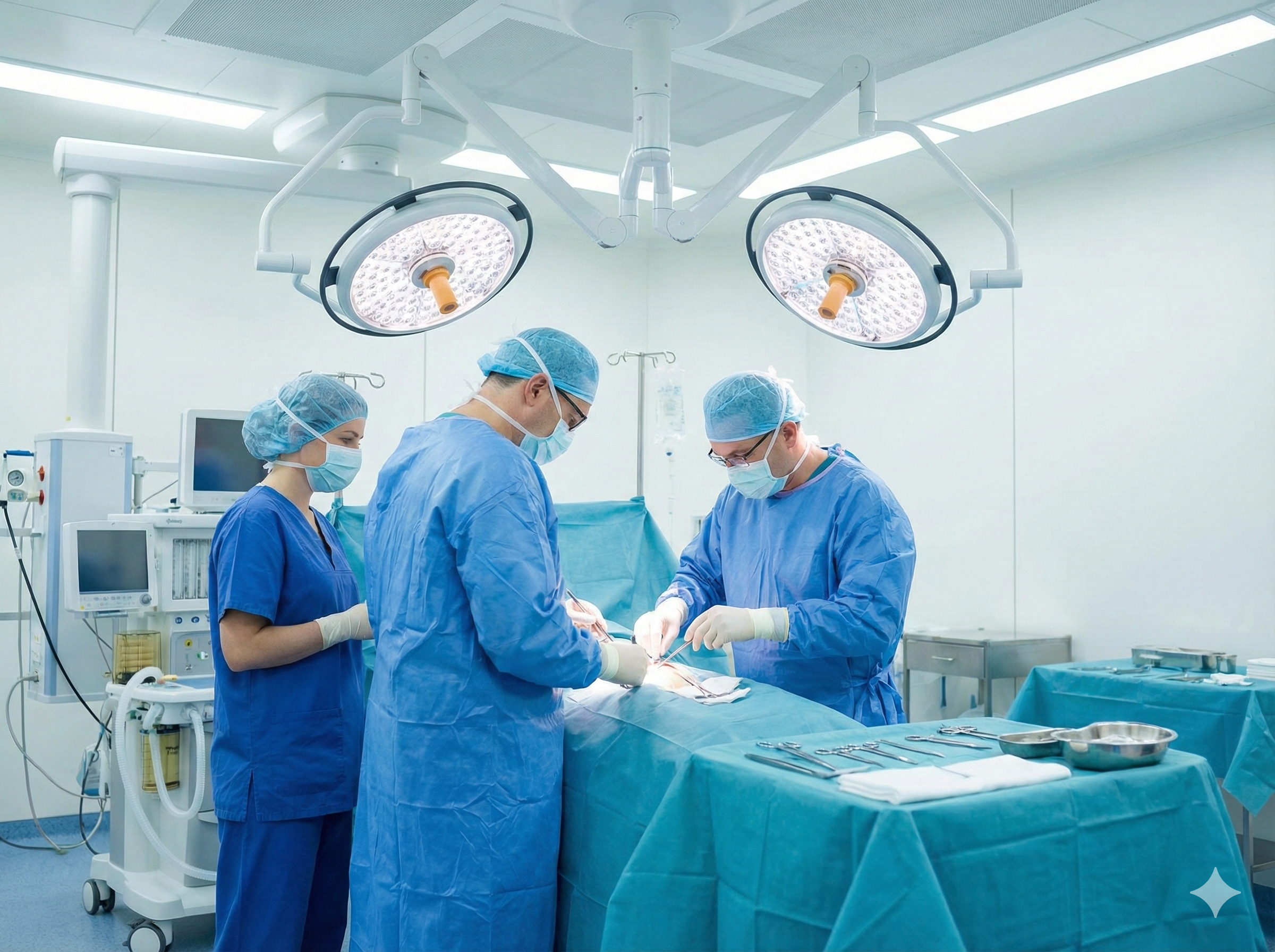 Three surgeons in blue scrubs perform surgery under bright operating lights in a sterile operating room. The atmosphere is focused and professional.