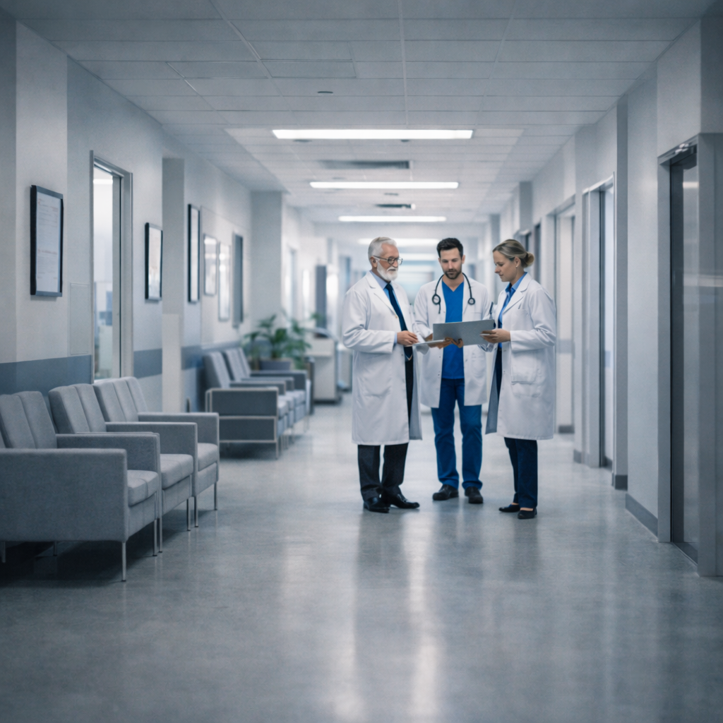 Three doctors, two men and one woman, in white coats stand discussing a clipboard in a bright, modern hospital corridor, conveying professionalism and focus.