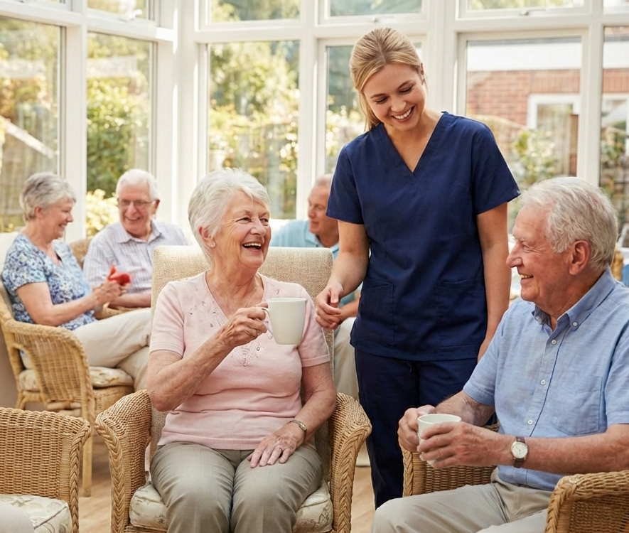 Nurse in blue scrubs smiles with two elderly residents holding mugs in a sunlit conservatory. Others chat happily in the background. Warm, joyful atmosphere.