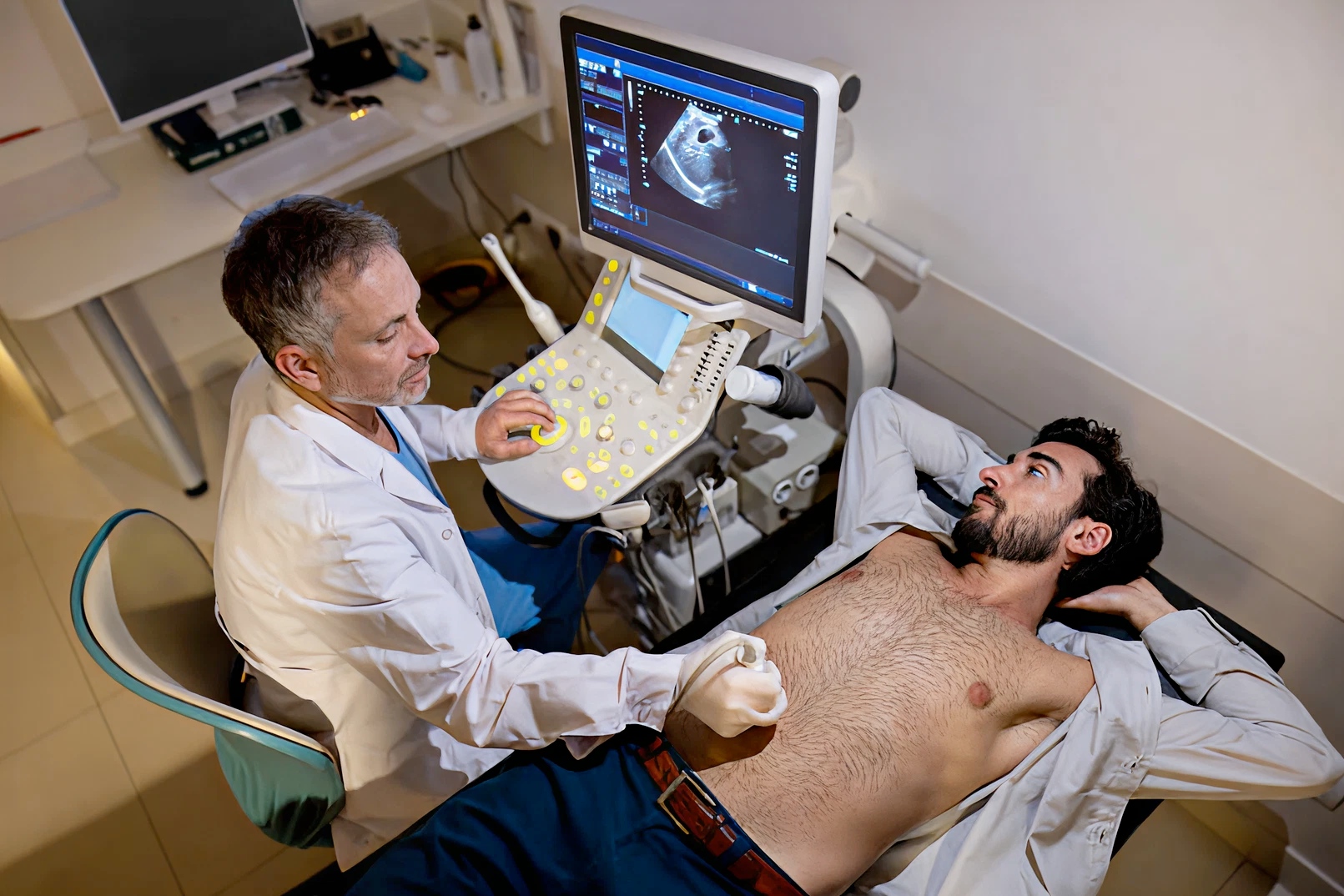 A doctor performs an ultrasound on a male patient lying on an exam table. The doctor operates the machine, displaying a scan image on the screen, in a clinical setting.