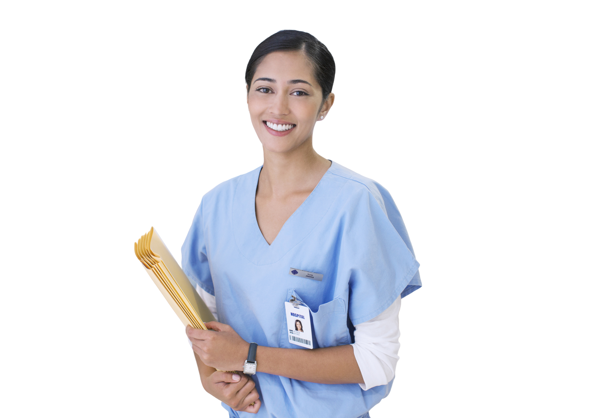 Smiling nurse in light blue scrubs holding yellow folders against a solid black background. She wears a hospital ID badge and exudes warmth and professionalism.