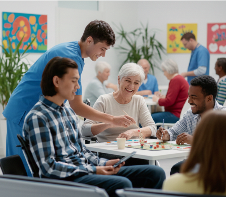 A diverse group of people, including a smiling elderly woman, engage in a board game. A caregiver in blue smiles nearby, fostering a joyful, inclusive environment.