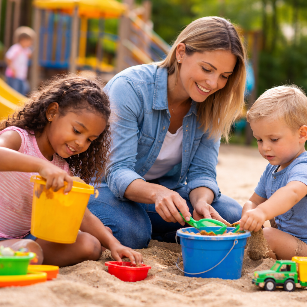 Children playing in sandbox with adult.