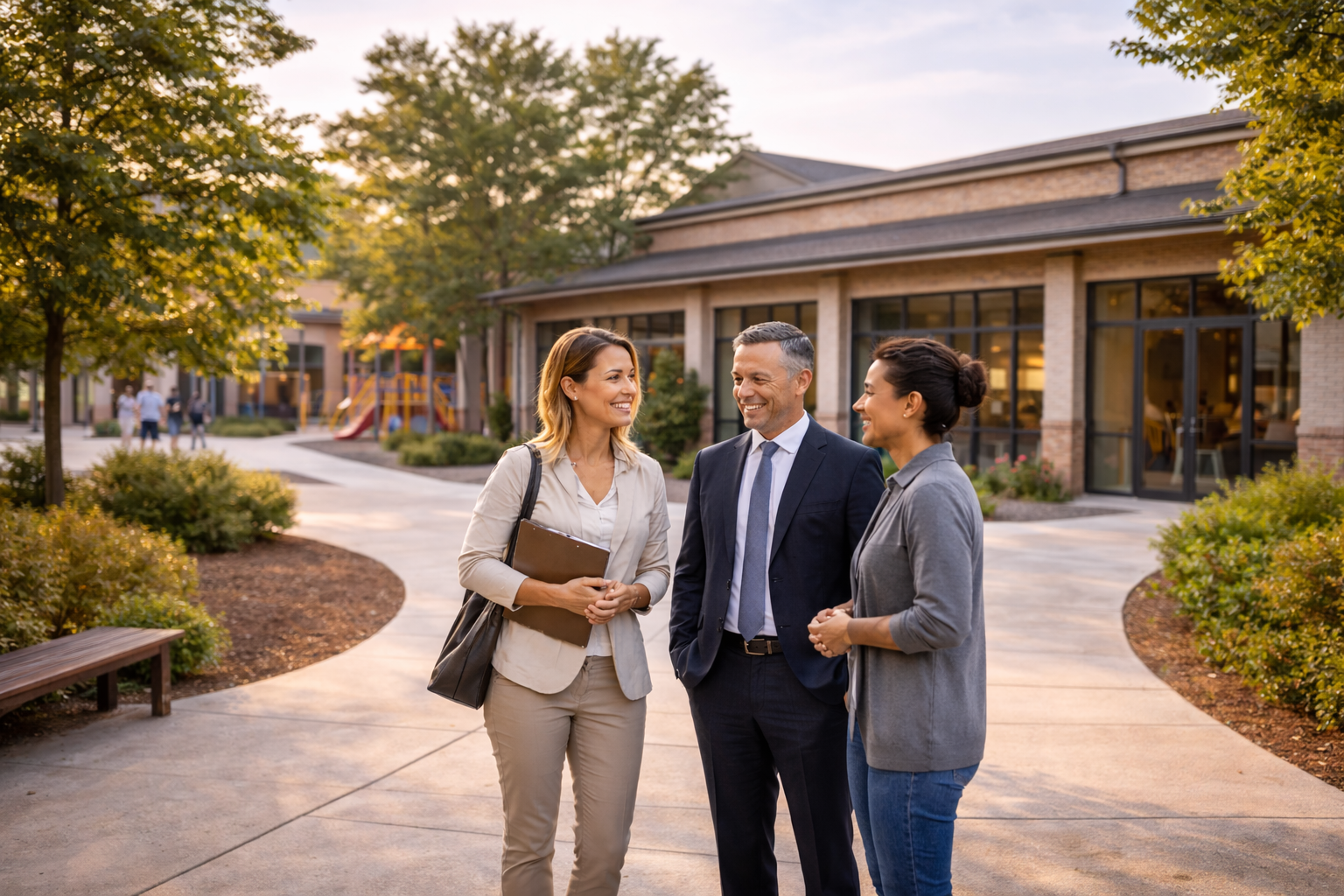 Three adults discussing outside a school.