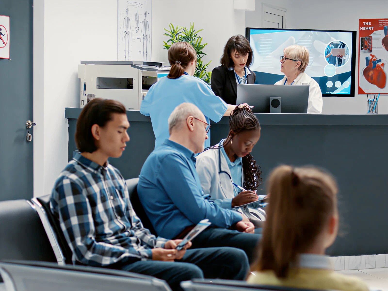 A waiting room with people seated, a doctor with a clipboard, and nurses at a reception desk. The atmosphere is busy yet calm, with medical posters displayed.