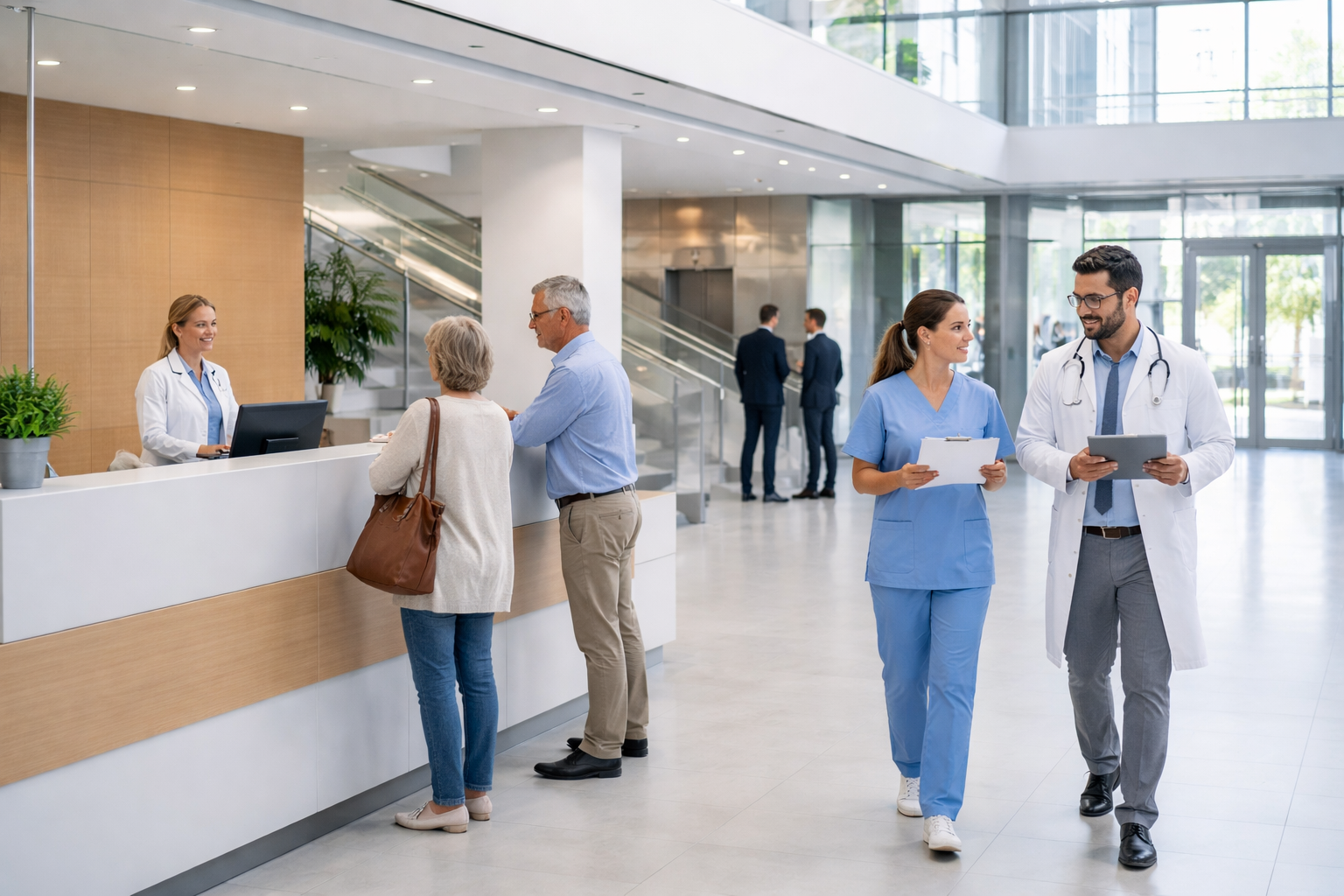 Hospital lobby scene with a receptionist assisting patients at the counter. Medical professionals in scrubs and a lab coat walk by, conveying a busy yet welcoming atmosphere.