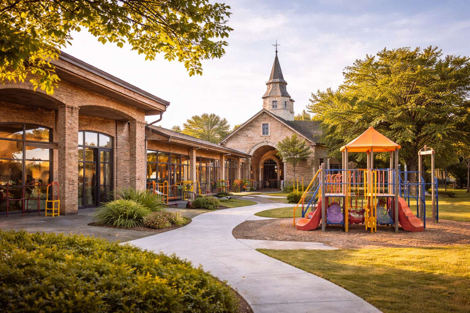 Playground beside a charming building and church