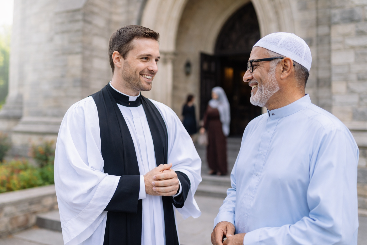 Clergy discussing outside a church.